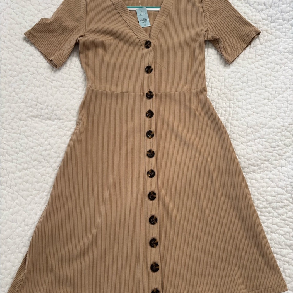 Ann Taylor Beige Button-Front Midi Dress